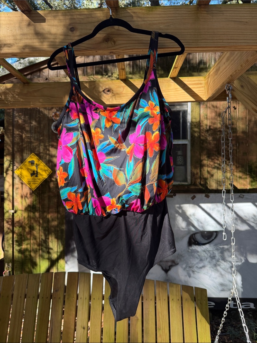 Floral Blouson One-Piece Swimsuit -Black with Multicolor Floral built-in bra 24w